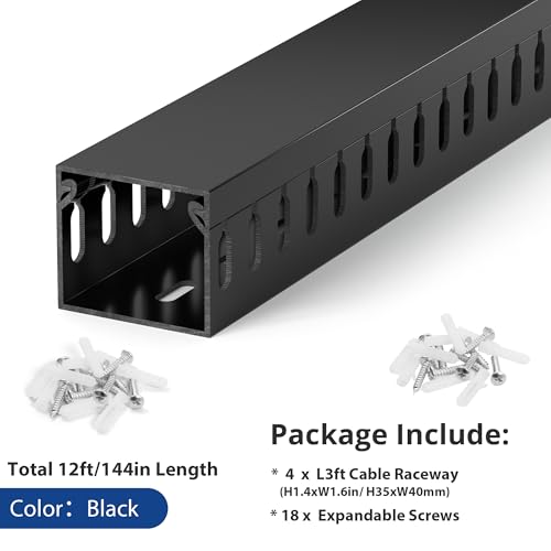Image of 1.4 inchH x 1.6 inchW Cable Raceway, 12ft Under Desk Wire Management Channel, Black
