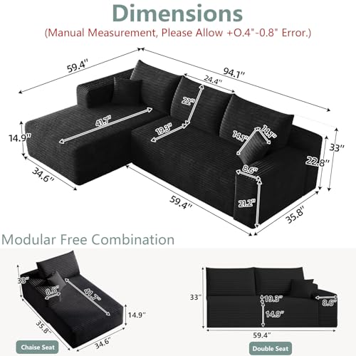Image of 95 inch Modular Sectional Sofa, Modern Corduroy Cloud Couch with Side Pockets, Boneless Couch Upholstered 3-Seater L-Shaped Sofa for Living Room, No Assembly Required (Black,Left-Facing Chaise)