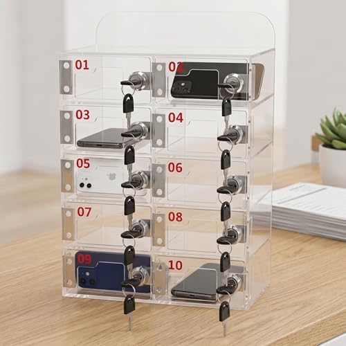 automoris 10-Slot Cell Phone Locker for Storage, Acrylic Phone Storage Cabinet with Keys, Clear Lockable Mobile Phone Box for Swimming Pool, Office, Gym, Freestanding Clear Storage Locker (10-Slot)