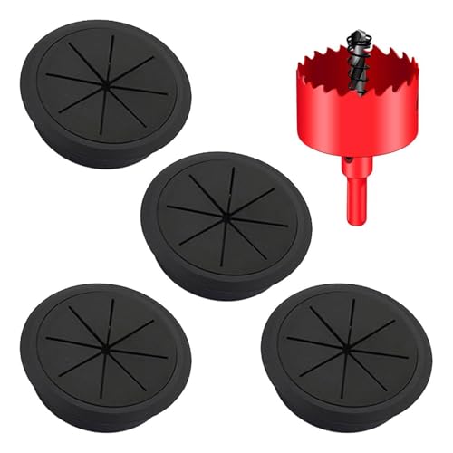 4 Stück Flexibel Kabeldurchführung, Rundes Schwarz Schreibtisch-Kabeltülle mit 60 mm Ø und Lochsäge, Kabellochabdeckungen