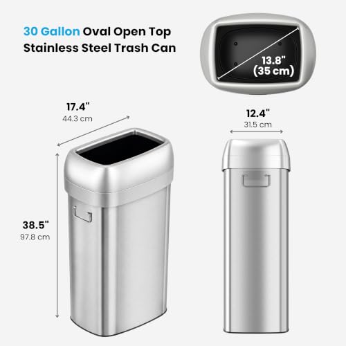 Image of iTouchless 30 Gallon 114L Oval Open Top Stainless Steel Extra-Large Commercial Trash Can with Wheels, 2 AbsorbX Odor Filters | ADA Compliant Bin for Restaurant Restroom Hotel Office Healthcare Retail