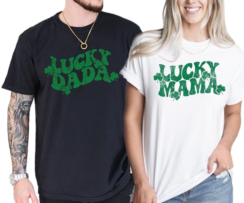 Lucky Mama Shirt St Patrick’s Day Shirt for Women Lucky Dada T-shirt Men Matching Mom and Dad Tees Lucky Mom Irish Green Shirt for Mommy