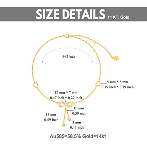 14K Solid Gold Heart Infinity Anklet For Women,Real Gold Dainty Moissanite Infinity Heart Anklets Beads Station Anklet Foot Link Anniversary Birthday Jewelry Gifts For Wife Girlfriend 8''+2'' (Yellow) #TOP6