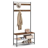 VASAGLE Coat Rack, Coat Stand with Shoe Storage Bench, Hall Tree with Shoe Rack, 3-in-1 Design, Steel Frame, for Hallway, Entrance, 32 x 85 x 175 cm, Industrial, Rustic Brown and Black HSR401B01