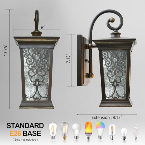 Image of ALVIME Outdoor Wall Light Fixtures, 14 inch Vintage Spanish Style, Oil Rubbed Bronze Exterior Wall Lantern, Anti-Rust & Waterproof, Clear Seeded Glass, Farmhouse Porch Light for House Garden Garage