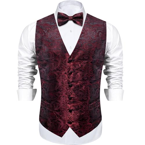 Image of DiBanGu Mens Paisley Suit Waistcoat,Silk Dress Vest and Bowtie Pocket Square Cufflinks with Lapel Pin Set for Wedding Tuxedo