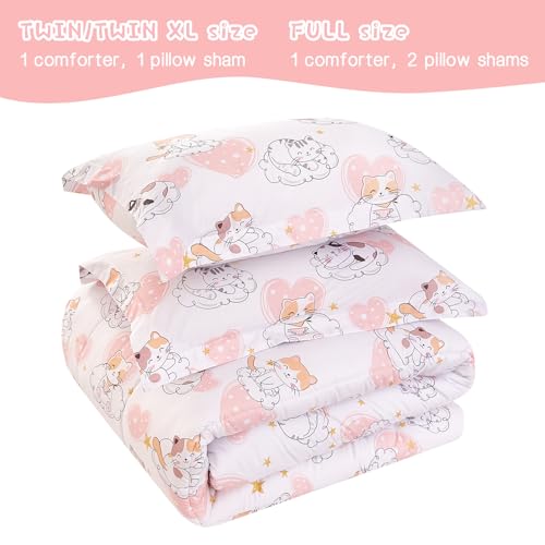 Image of Yibeizi Cat Kids Full Bed Comforter Set for Girls Kitty Bedding