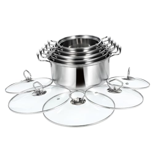 HEALLILY Juego de 5 ollas de acero inoxidable con tapas de vidrio templado, compatibles con inducción, para sopa, guiso, gachas, asas, antideslizantes, resistentes al calor, múltiples para uso en