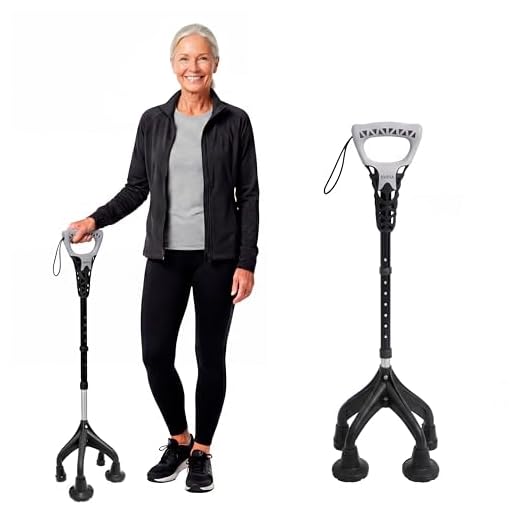 KMINA Quad Walking Stick (Heavy Duty and Sturdy 3.3 lbs), Height Adjustable for Users Over 5'1", Ergonomic Handle, Patented - Made in Europe