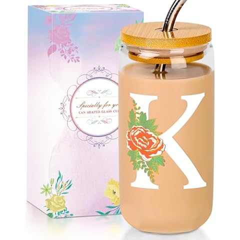 SENTVEND Initial Glass Cup with Lid and Straw Color-changing Monogrammed Gifts for Women 16 oz Iced Coffee Drinking Glass Tumbler Personalized Christmas Thanksgiving Birthday Gifts for Women Her Mom Cover
