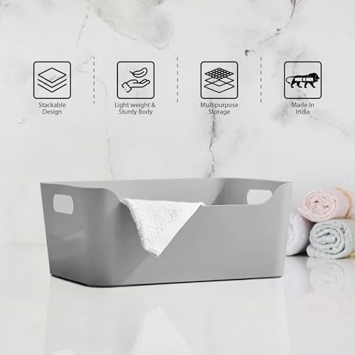 Image of KOLORR Jolly Plastic Small Baskets with Handle for Storage Box| Multipurpose Light Weight Plastic Baskets organiser for Make-up Stationary Cosmetics Kitchen Livingroom Bathroom | Pack of 3 - Grey