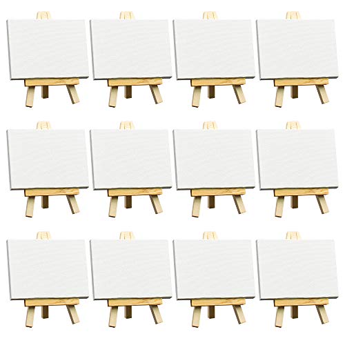 Image of FIXSMITH 3x4 Inch Mini Stretched Canvas Easel Set- Bulk Pack of 12,Set Contains 12 Rectangle Canvases &12 Mini Easels,Small White Art Canvases & Wood Easels for Painting Craft Drawing Decoration