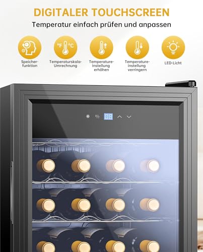 WIE Weinkühlschrank Compressor 82 Liter 28 Flaschen Getränkekühlschrank Kleiner Weinschrank Klein mit Glastür,Vollglas-Designtür mit LED Touchpanel,Anti-UV, Wine Fridge 5-18°C