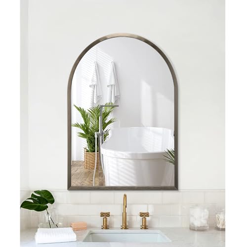 Image of Arch Bathroom Mirror, Metal Frame Wall Mounted Mirror Coffee Vanity Wall Mirror for Bedroom, Entryway, Living Room Vanity 20 inchx16 inch