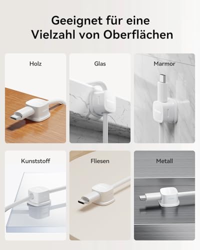 Rocoren Kabelhalter Selbstklebend kabelhalter Starker Magnetisch Kabelmanagement Kabelclips Organizer Holder für Schreibtisch, Nachttisch, Office, Büro, Ladekabel, HDMI, Audiokabel 6 Stück Weiß