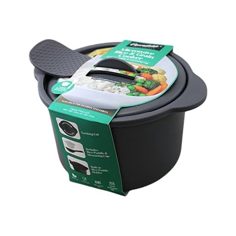 Dependable Industries Inc. Essentials Multi Use Microwave Rice and Grain Cooker Vegetable Steamer with Mixing Serving Paddle and Measuring Cup BPA Free 2.7L Cover
