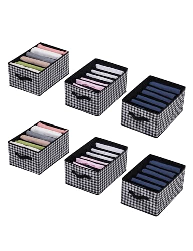 MYTHAUS 6 Pack Large Wardrobe Clothes Organizer - 6 Grid Closet Organizer for Jeans, Pants, T-Shirts, Underwear, Foldable Fabric Drawer Organizer Storage Bin with Dual Handles, Black and White