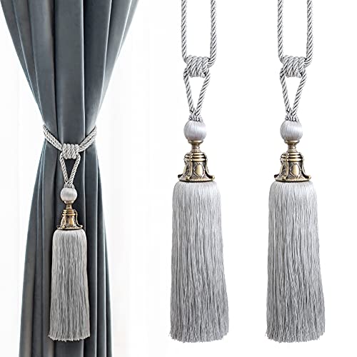 Melodieux Decorative Curtain Tiebacks Antique Tassels Holdbacks - Home Office Windows Drapery Fasteners Fringe Ropes, Set of 2 (Grey)