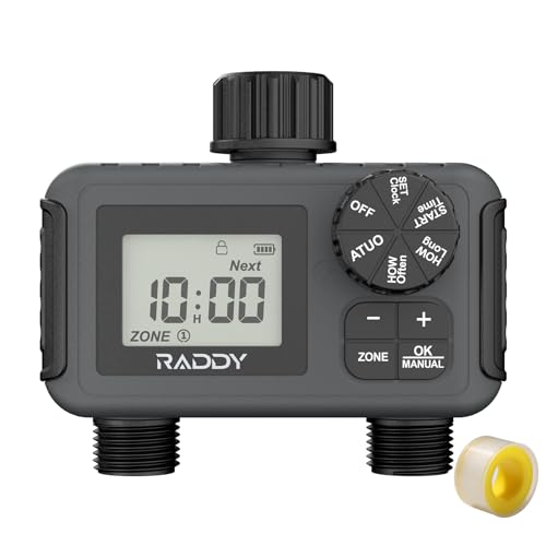 Raddy WS-5 Sprinkler Timer 2 Zone, Programmable Water Hose Timer 2 Outlet for Garden, Outdoor Automatic Irrigation System IP55 Waterproof with Rain Delay/Manual for Lawn, Yard, Pool