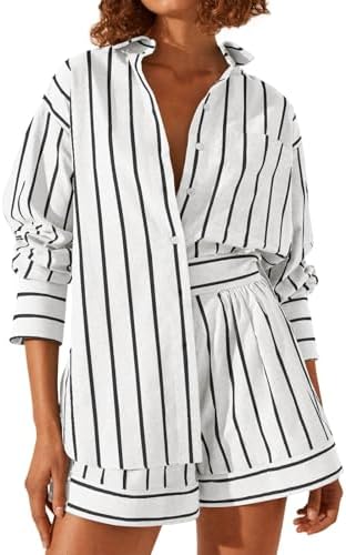 Tankaneo Womens 2 Piece Outfits Striped Long Sleeve Button Down Collared Shirt Matching Shorts Sets