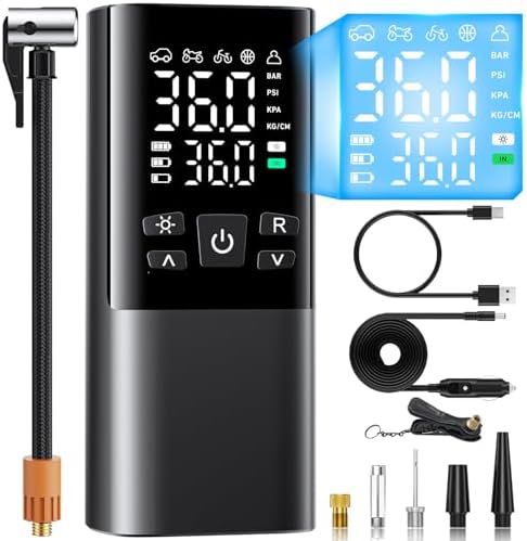 （15:30時点） 自転車 空気入れ 電動空気入れ バイク 車 仏/英/米式バルブ対応 最大圧力150PSI 高速充填 自動停止 6000mAh大容量電池 コードレス エアコンプレッサー コンパクト ライターコード/SOS/LED懐中ライト/収納袋付