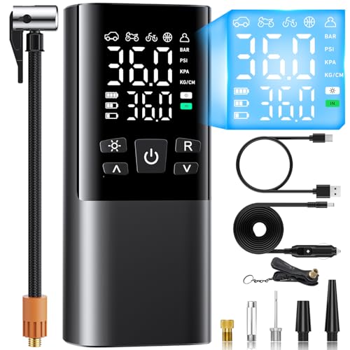 自転車 空気入れ 電動空気入れ バイク 車 仏/英/米式バルブ対応 最大圧力150PSI 高速充填 自動停止 6000mAh大容量電池 コードレス エアコンプレッサー コンパクト ライターコード/SOS/LED懐中ライト/収納袋付