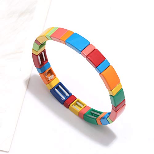 Enamel Tile Bracelets Rainbow Tile Bead Stretch Bracelets For Women Color Block Stackable Bracelets Set Bohemia Tile Strand Bangle Bracelet For Men Girls (Style E) #TOP4