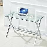 HAINEW HD26040115 - Scrivania in vetro con piano in vetro e gambe in metallo a forma di X, per casa, ufficio, soggiorno, 110 x 55 x 76 cm, colore: Argento