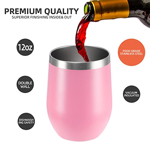 Image of 12 oz Insulated Wine Tumbler with Lid and Straw,Stainless Steel Stemless Wine Tumbler Glasses Double Wall Vacuum Wine Cups Tumbler Bulk for Coffee,Champaign,Beer,Cocktail,Office (Pink,4)
