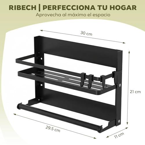 Ribech Estante para Especias con Soporte de Papel – Estantería de Pared Inoxidable Magnética & sin Taladrar, con 4 Ganchos para Cocina & Baño, Negro - imagen 6