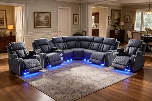 Image of Power Reclining Sectional Sofa Set with Bass Speakers, Sanded Leather Recliner Corner Couches and 2 Chairs, Power Recliner Sectional with Cup Holder /Storage Console for Living Room