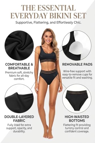 Image of Tempt Me Women Sporty Bikini Set Two Piece High Waisted Swimsuit Athletic Scoop Neck Bathing Suit