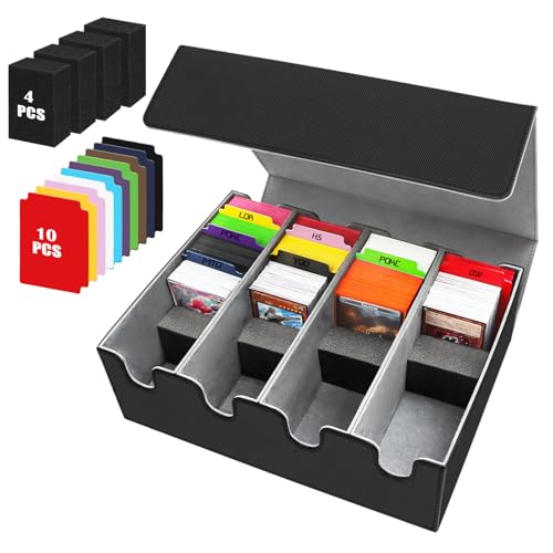 VEUWOLM Caja de Tarjetas para Más de 2800+ Tarjetas, Cajas de Almacenamiento de Tarjetas Coleccionables con 10 Divisores, Cajas de Cubierta Magnéticas Premium, para Tarjetas TCG Magic(Negro Gris)