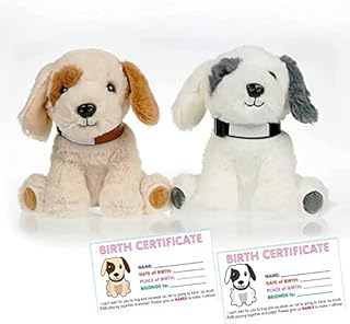 infloatables Puppy Stuffed Animal - Set of 2 Stuffed Dogs - 8 Inch Brown-Beige and Gray-White Dog Plush Toys for Kids - Customizable Collar and Birth Certificate - Cute Birthday Gifts