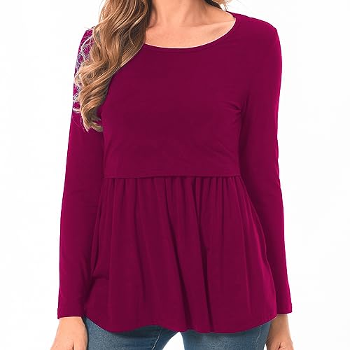 Bearsland Women’s Nursing Tops Long Sleeve Scoop Neck Breastfeeding Shirt Maternity Clothes, Purplish Red, S