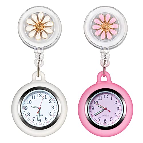 Nieeegy Montres d'infirmière, Montres d'infirmière rétractables, 2 Montres d'infirmière avec pointeur Lumineux et Clip, Montre de Poche pour Femmes Hommes, Montre à Revers (Blanc + Rose) Cover