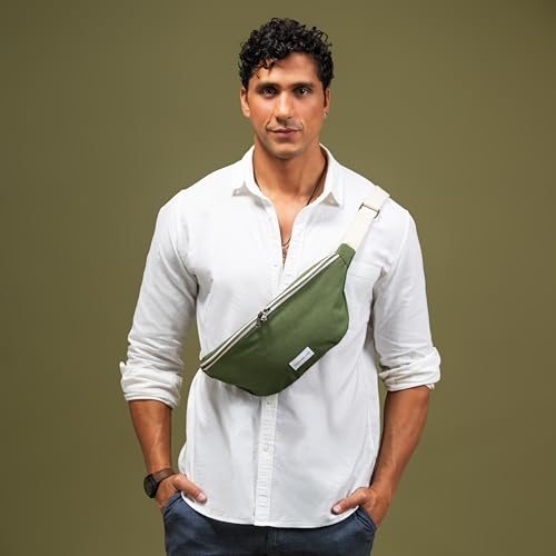 Image of The Peacock Crew Canvas Crossbody Sling Bag for Men & Women - Adjustable Strap, Dual Zippers Left /Right Handed, Secure Everyday Travel Fanny Pack Shoulder Pouch, Trekker Camo Green, 14.5 x 6.3 x 3.6