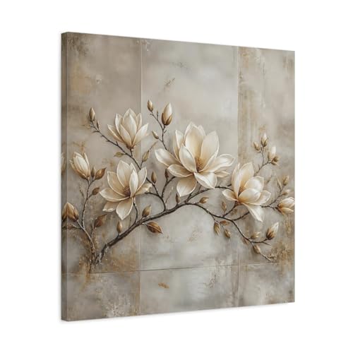 Tableau fleurs magnolia crème déco salon grand format carré 60x60 toile