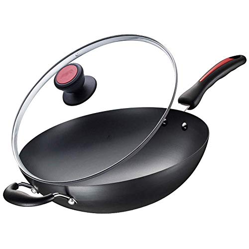 OWOHYG Sartén Wok con Tapa de Vidrio, Calibre 34 cm, Base Antideformación, Sartén Antiadherente para Asar Tocino, Filete y Carnes.