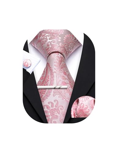 YOHOWA Dusty Rose Tie for Men with Tie Clip Paisley Silk Necktie Pocket Square Cufflinks Set Formal Business Graduation Wedding Party
