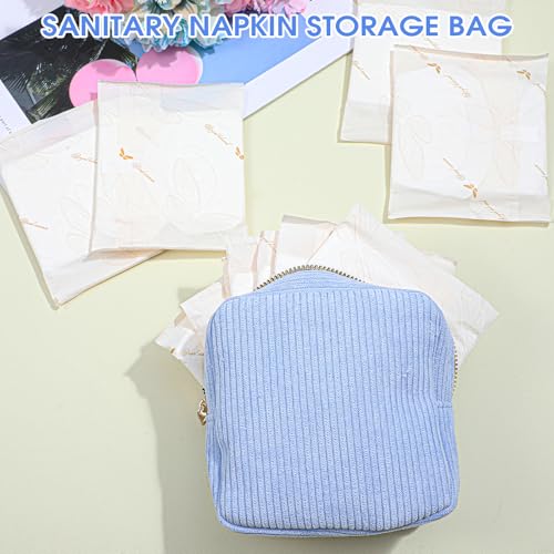 Image of Xinjoduz 1 PCS Sanitary Napkin Storage Bag, Mini Makeup Bag with Zipper Corduroy Period Bags for Teen Girls for School Small Square Cosmetic Pounch Menstrual Pad Bag Tampon Holder for Purse (Blue)