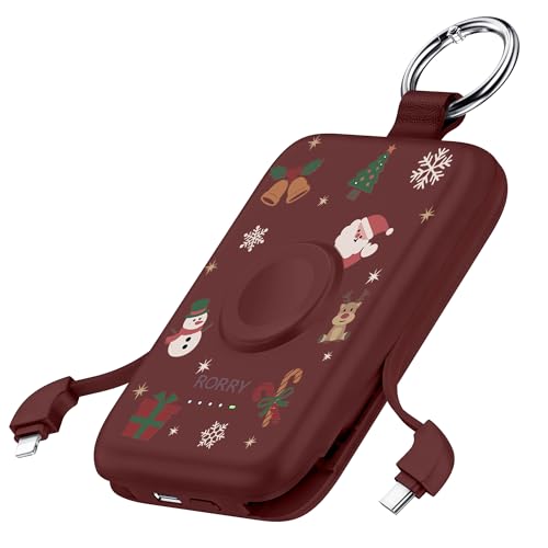 Image of RORRY Portable Charger, 10000mAh PD 20W Fast Charging Portable Charger Power Bank with Built in Cables, Travel Battery Pack for iPhone and Apple Watch Ultra/11/10/9/8/7/6/5, Christmas Red
