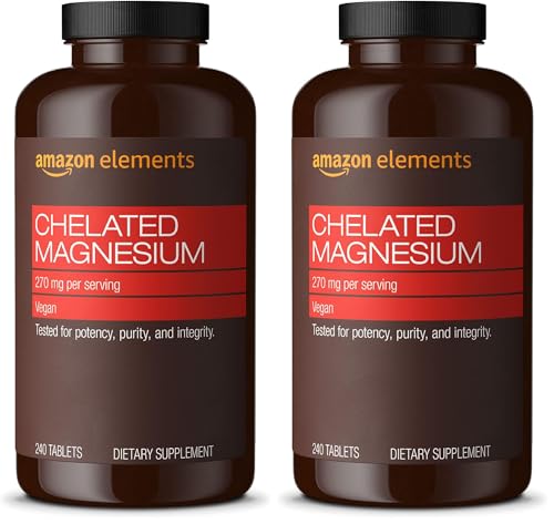 Image of Amazon Elements - Chelated Magnesium, 240 Tablets, 270 mg per Serving, as Magnesium Glycinate Chelate, Vegan (Pack of 2)