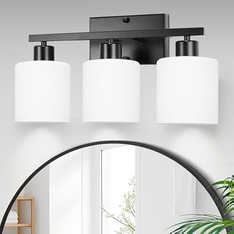 CANMEIJIA 3-Light Bathroom Vanity Light Fixtures, Matte Black Vanity Wall Scones Lighting for Bedroom Living Room, Modern Vanity Lights with Milky White Glass Shades, E26 Socket, Bulbs Not Included Cover