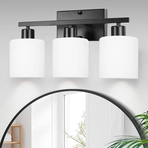 CANMEIJIA 3-Light Bathroom Vanity Light Fixtures, Matte Black | Modern Wall Sconce with Milky White Glass Shade for Mirror Bedroom Living Room, Anti-rust, E26 Socket, Bulbs Not Included
