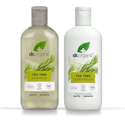 Dr Organic Tea Tree Shampoo & Conditioner Set with Travel Bag Purifying Oily Roots Natural Vegan Cruelty-Free Paraben & SLS-Free Recyclable & Recycled Ocean Bound Plastic Organic 265ml