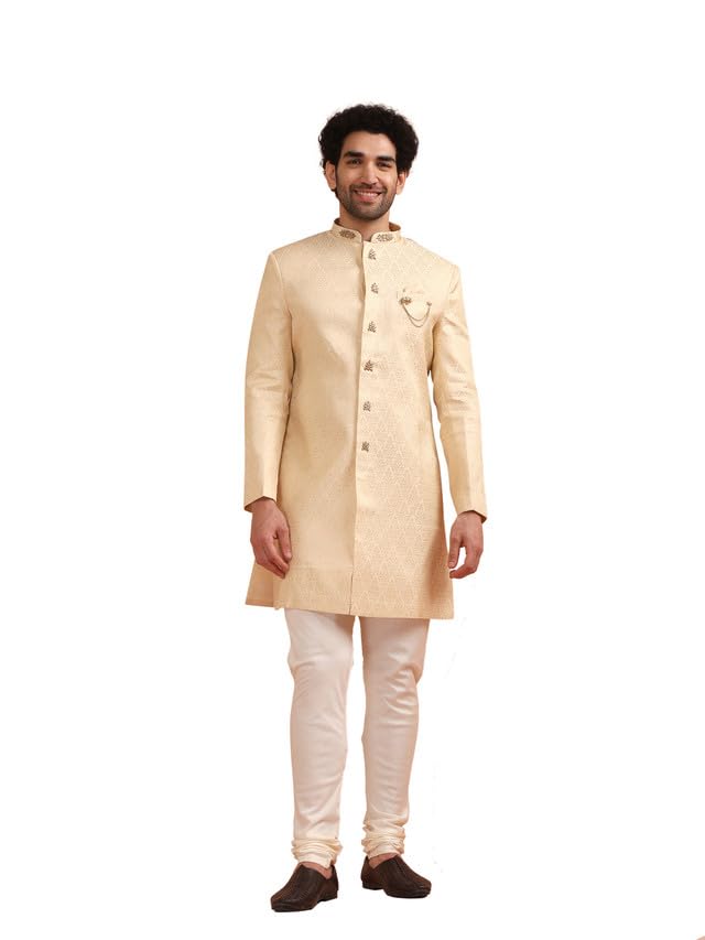 Kisah Men Cream Jacquard Indowestern Sherwani Churidar Set With Ethnic Motifs, 40