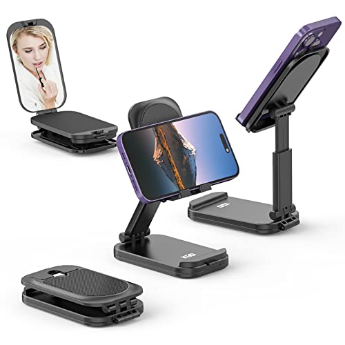 Soporte Movil Mesa Plegable, con Espejo de Maquillaje, 2 en 1 Soporte de Teléfono Móvil Ajustable en Ángulo de Altura, Sujeta Movil para iPhone 14 Pro Max/13 Mini/12/XR/X/11 y Smartphone de 4'' a 8'' Cover