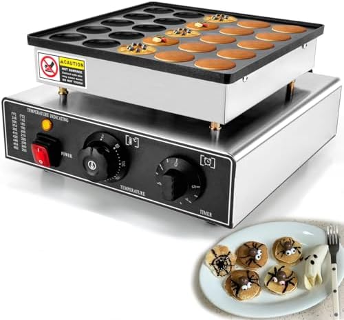 Electric Mini Pancake Maker Machine, Non-Stick Dutch Pancake Baker with Timer, Makes 25/50PCS, Stainless Steel, Ideal for Commercial Use in Restaurants & Cafes