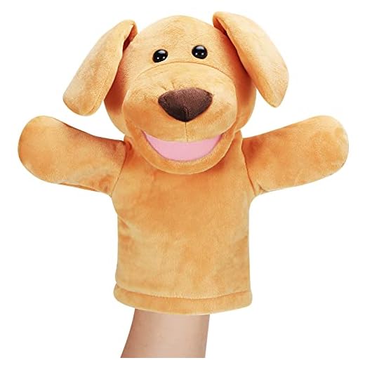 Dog Hand Puppets Soft Animal Hand Puppy Plush Toy with Movable Mouth Imaginative Pretend Play Stocking Storytelling Interactive Dog Toy, Yellow
